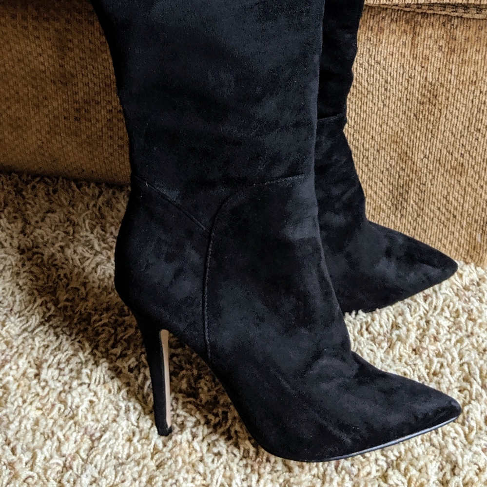 Knee high fold over black suede boots